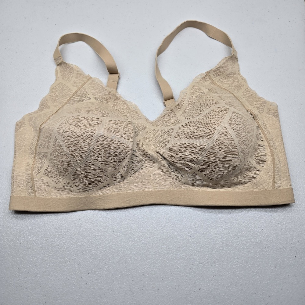 Rhonda Shear‎ Women Bra XL Beige Geometric 684 Bralette Wireless Lace Strap